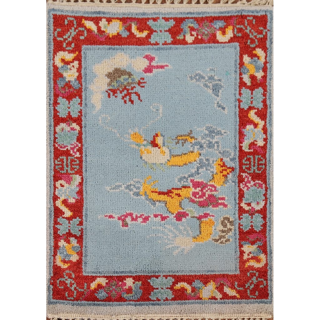 Hand Knotted Oriental 100% Wool Carpet Traditional Bordered Navy Blue & Blues Art Deco Area Rug - 3' 0'' X 2' 0''
