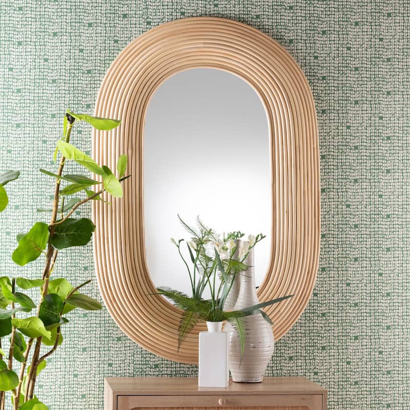 Drucilla Modern Bohemian Natural Brown Rattan Oval Accent Wall Mirror