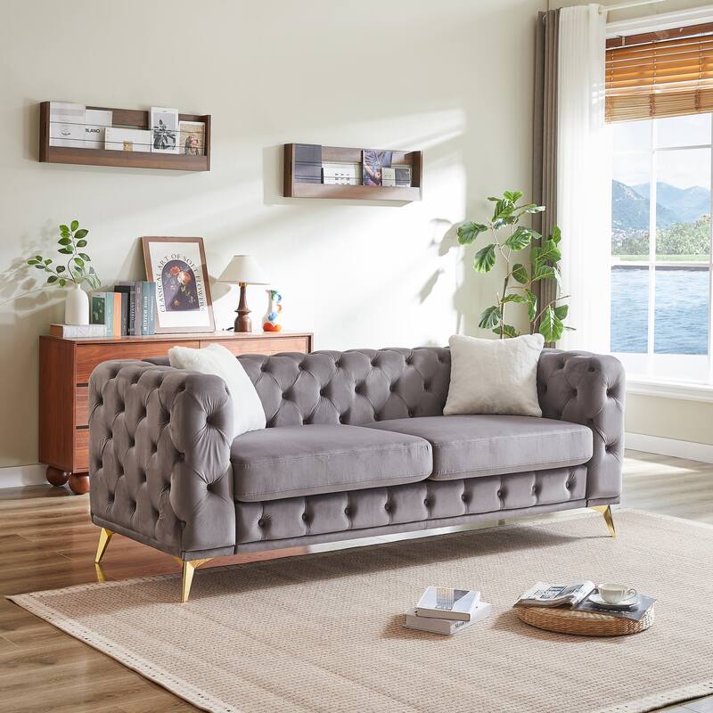 82.5-Inch Deluxe Velvet Sofa With Chesterfield Tufted Buttons With 2 Pillows And Metal Feet