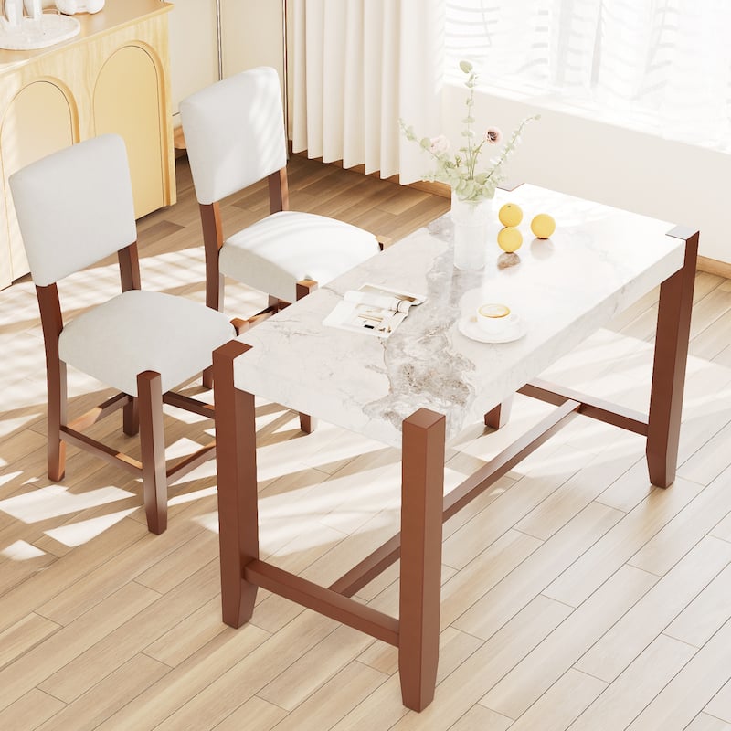 3-Piece Counter Height Dining Table Set for 2, Faux Marble Bar Table and 2 Upholstered-Seat Chairs