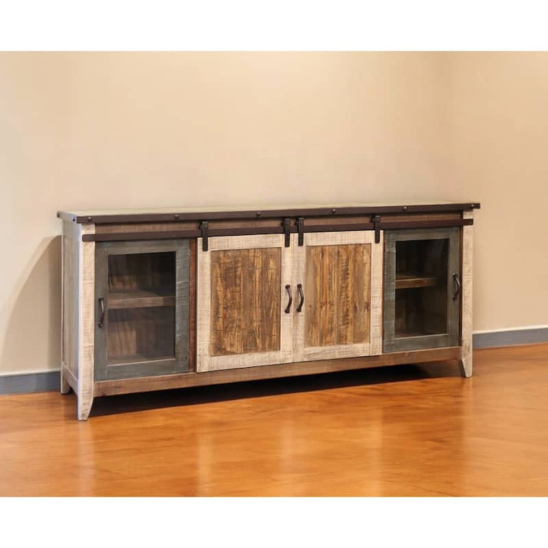 HomeRoots 79" Brown Solid Wood Cabinet Enclosed Storage Distressed TV Stand - 78.75' X '34.75' X '19 - Brown - 78.75' X '34.75' X '19