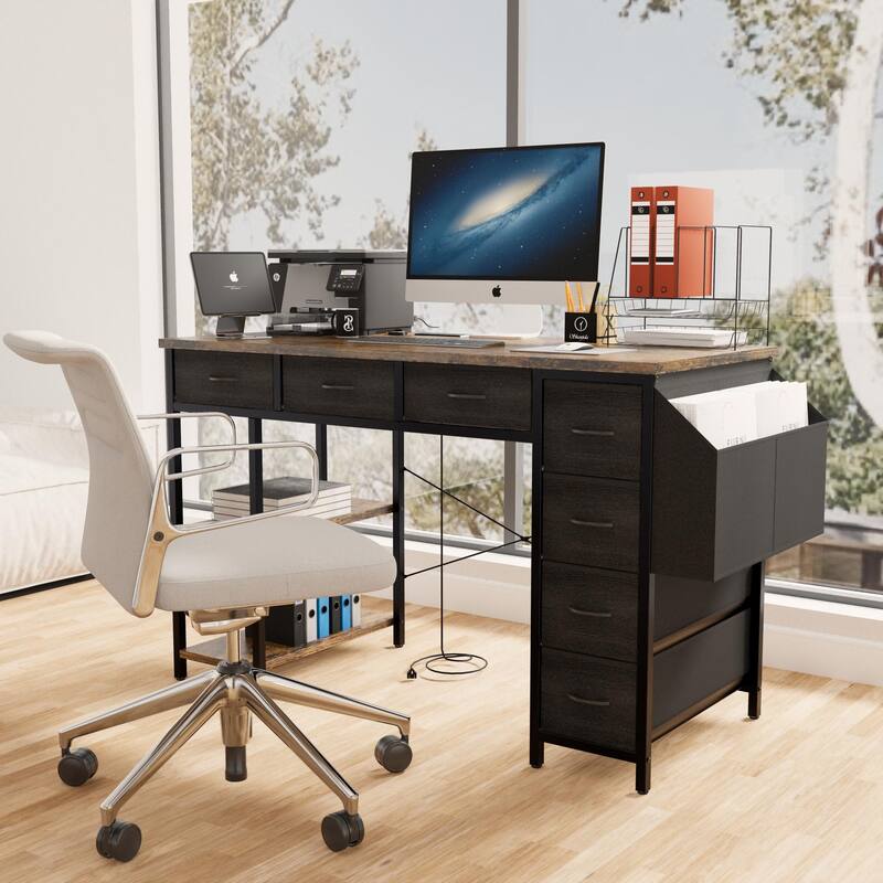 47" Computer Desk With Power Outlet,Writing Desk with 7 Fabric Drawers
