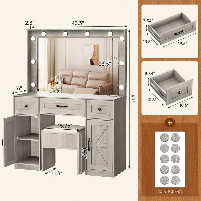 43.3'' Wide Makeup Vanity Dressing Table with Adjustable Lighted Mirror and Stool, Power Outlet