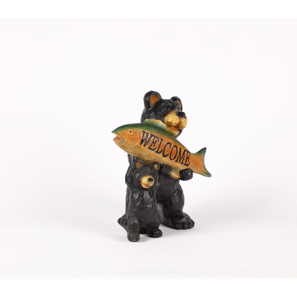 11.25" Black Bear and Cub Holding Fish "Welcome" Sign Statue