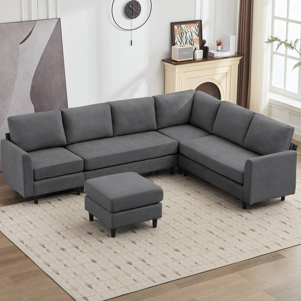 Modern U-Shaped Chenille Modular Sectional Sofa with Ottoman, Overized Corner Couch for Living Room - 107" W
