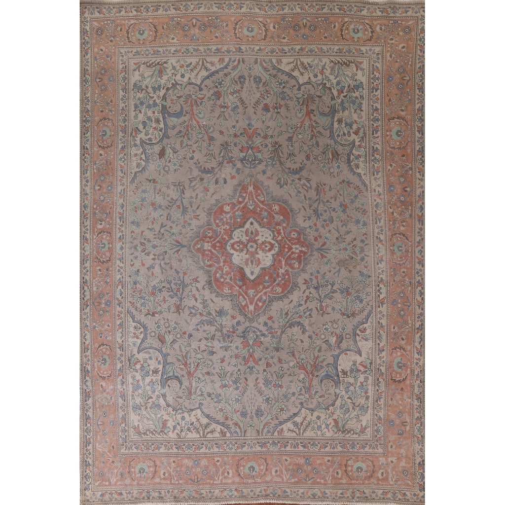 Hand Knotted Oriental 100% Wool Carpet Traditional Floral Greys & Charcoal Tabriz Area Rug - 11' 4'' X 8' 5''