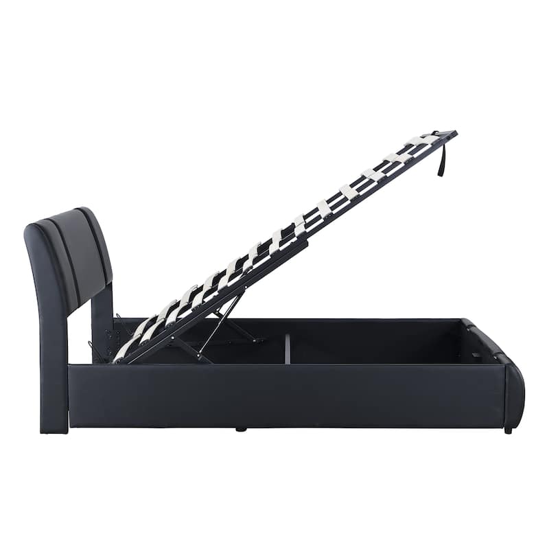 Queen Size Hydraulic Storage System Platform Bed, Faux Leather