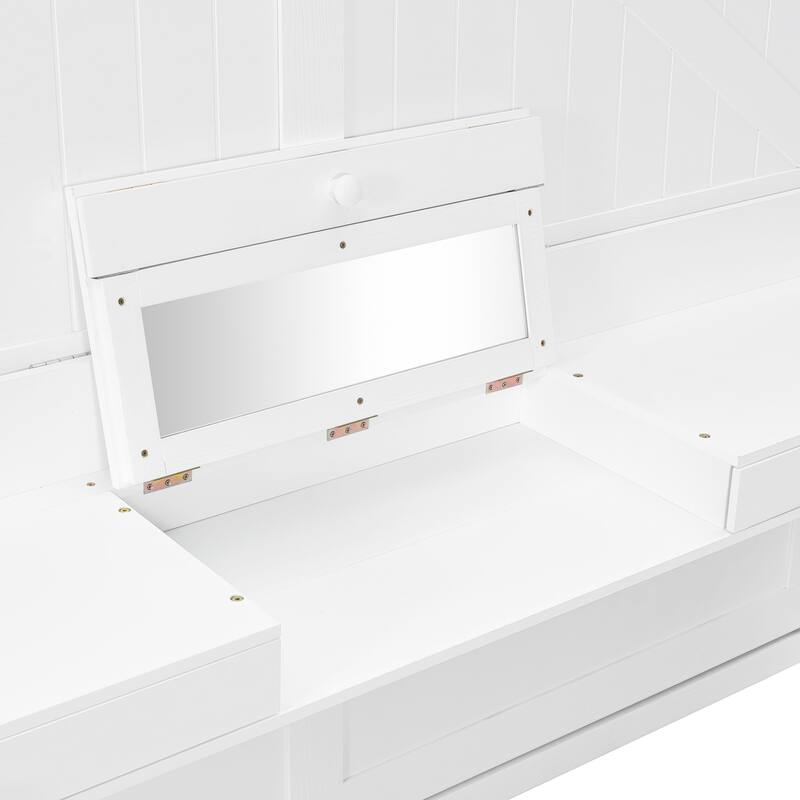 Queen Size Foldable Wall Bed with Storage and Vanity Desk, White