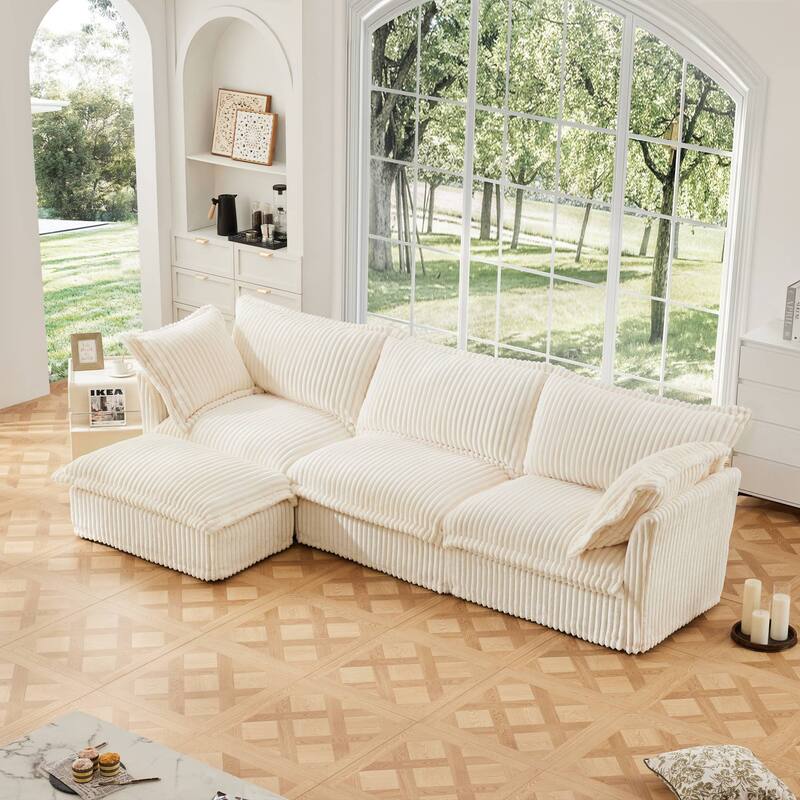 Modern 3 Seater Upholstered Sofa with 1 Ottoman and 2 Pillows