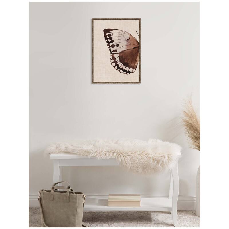 Kate and Laurel Sylvie Retro Butterfly Watercolor Diptych Neutral Burlap Left Framed Canvas by The Creative Bunch Studio