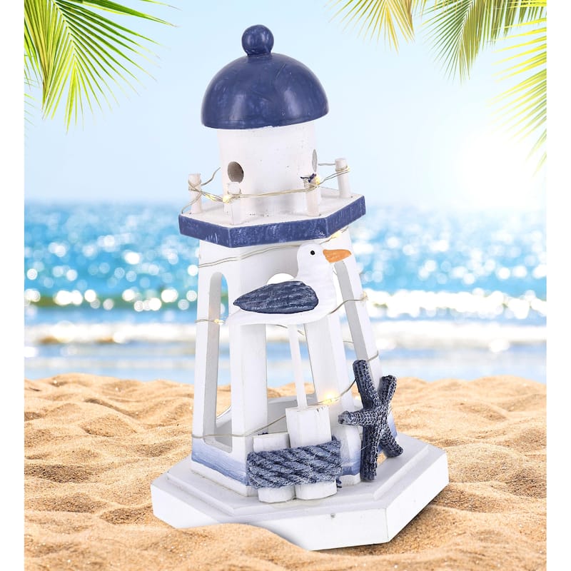 CoTa Global Ocean Blue Nautical Wooden Lantern Lighthouse w/ LED Light - 8.8″Lx5.5″Wx4.8″H