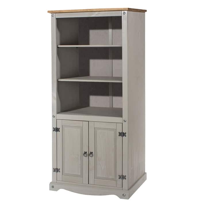 Wood Bookcase Library With Doors Corona Collection | Furniture Dash - Gray wash stain, top in antique brown stain.