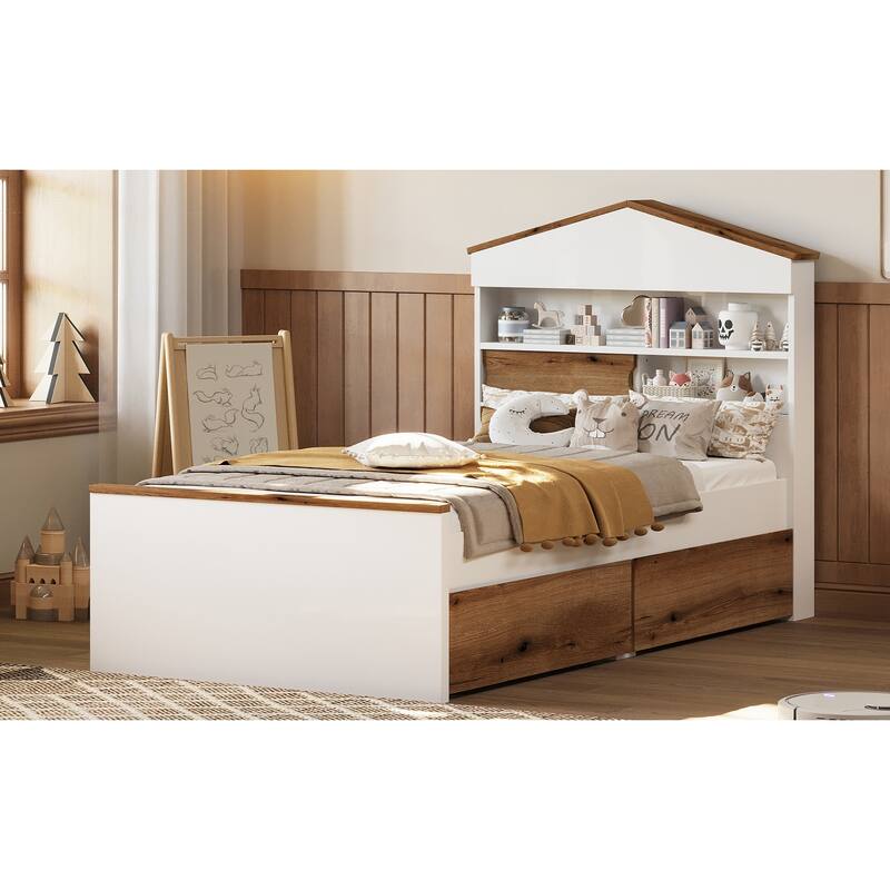Twin Wood Platform Bed with Shelf & 2 Drawers