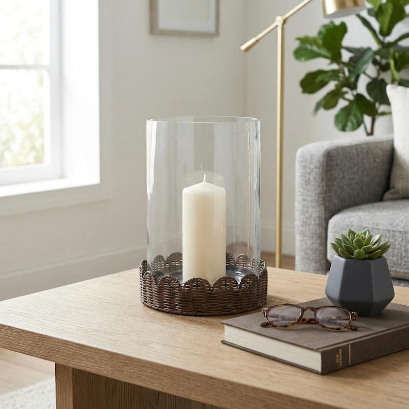 Candle Holder - Brown Glass Hurricane on Scallop Base - 14.5"