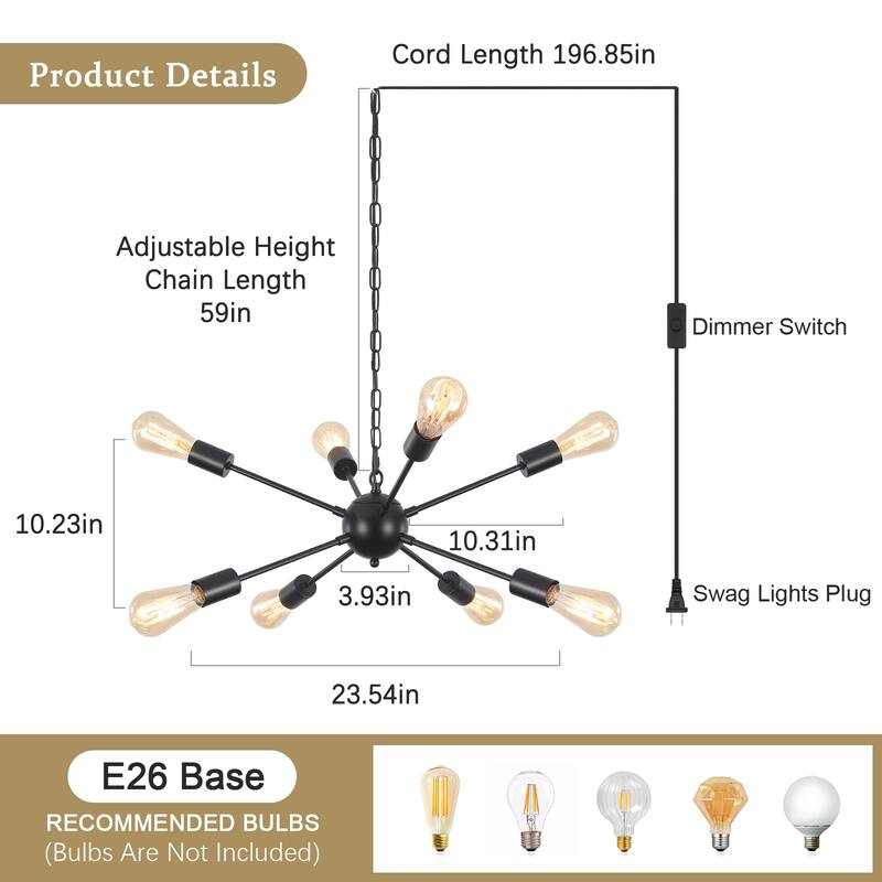 8-Light 23.54 in. Sputnik Chandelier for Living Room with Plug in Cord