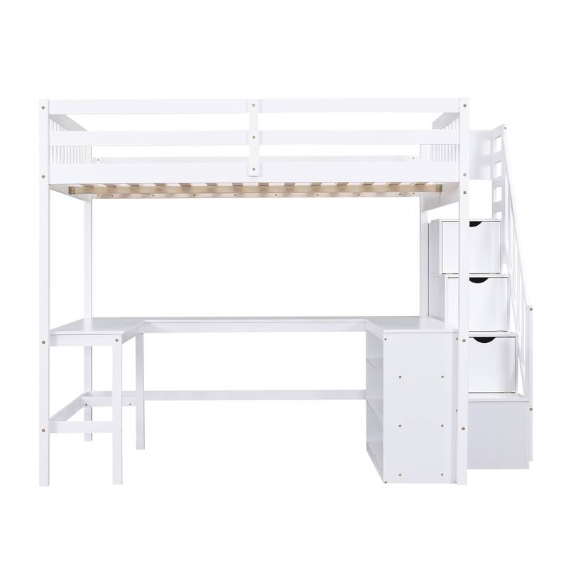 Full Size Pine Wood Loft Bed with Built-in L-Shaped Desk and Three-Tier Storage Shelves, and Attached Storage Staircase