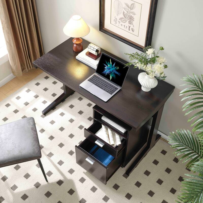 Home office desk with modesty panel and detached file cabinet on locking wheels with two drawer