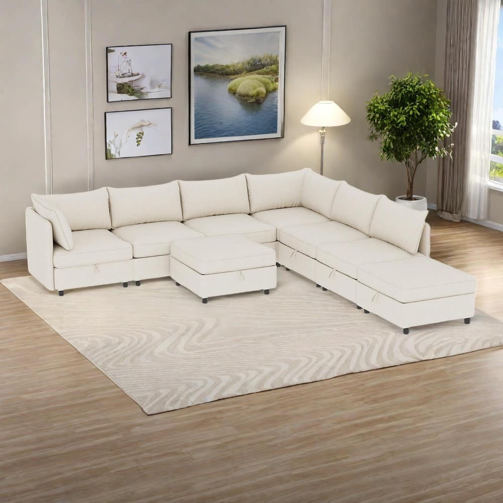 129" Chenille Modular Sectional Sofa with Storage and Convertible Design, 8-Seater
