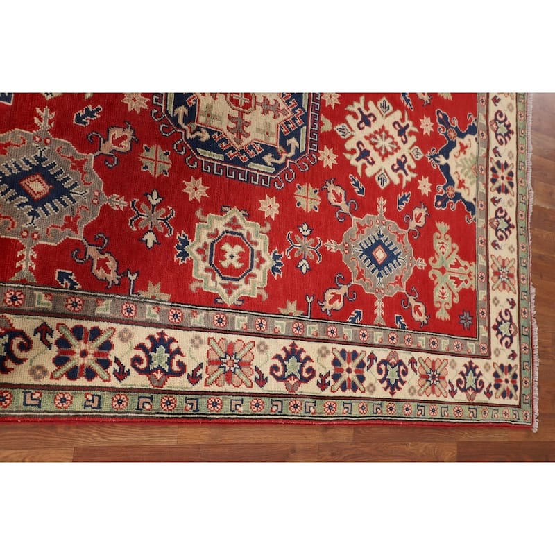 Geometric Red Kazak Oriental Rug Hand-Knotted Living Room Wool Carpet - 5'0" x 6'8"