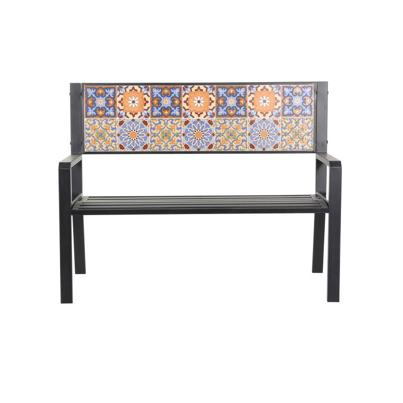 Black or White Metal Mosaic Floral and Scroll Outdoor Bench with Orange and Blue Patterns