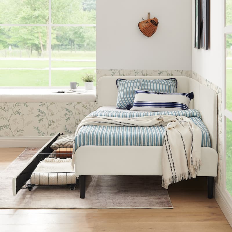 Roomfitters Twin/Full Upholstered Platform Bed with Side Backrest and Underbed Storage Trundle