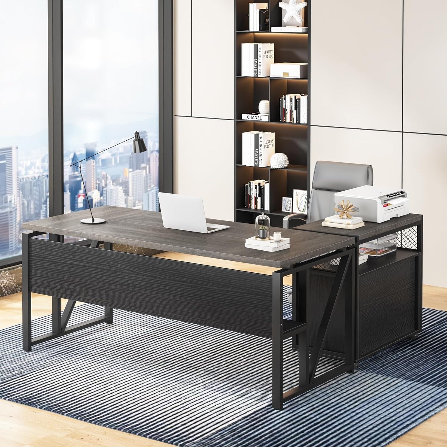 63-inche L Shaped Desk with Lateral Cabient, 2 piece Home Office