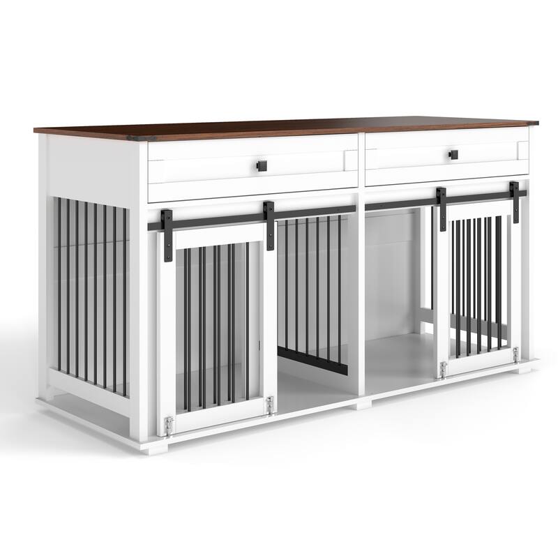 63'' Large Dog Crate Furniture Wooden Dog Kennel with 2 Drawers, Divider and Sliding Door