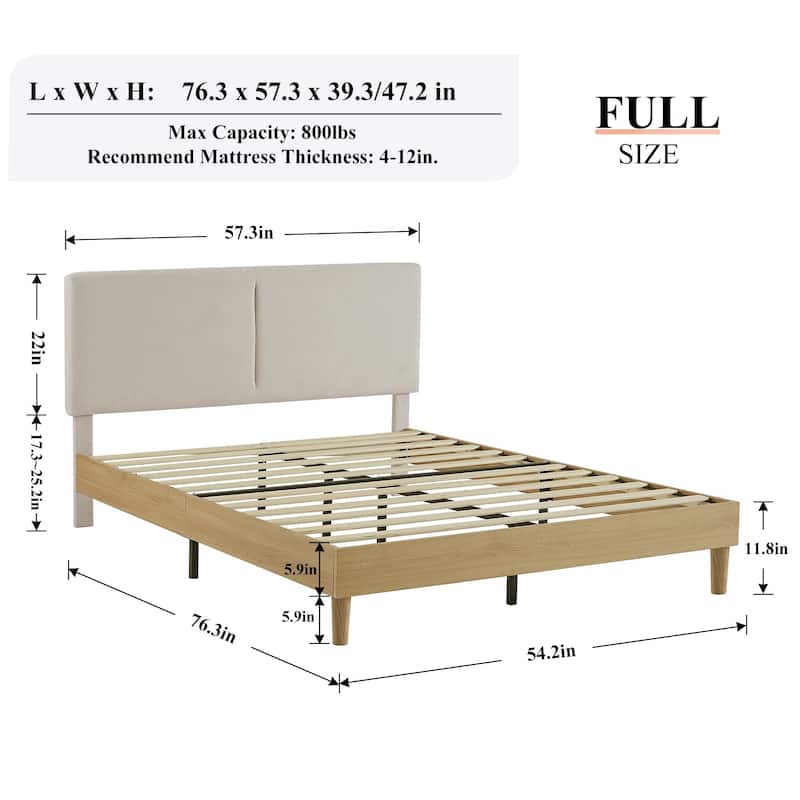 VECELO Upholstered Platform Bed Frame with Adjustable Headboard, Solid Wood Slats, No Box Spring Needed, Twin/Full/Queen Size