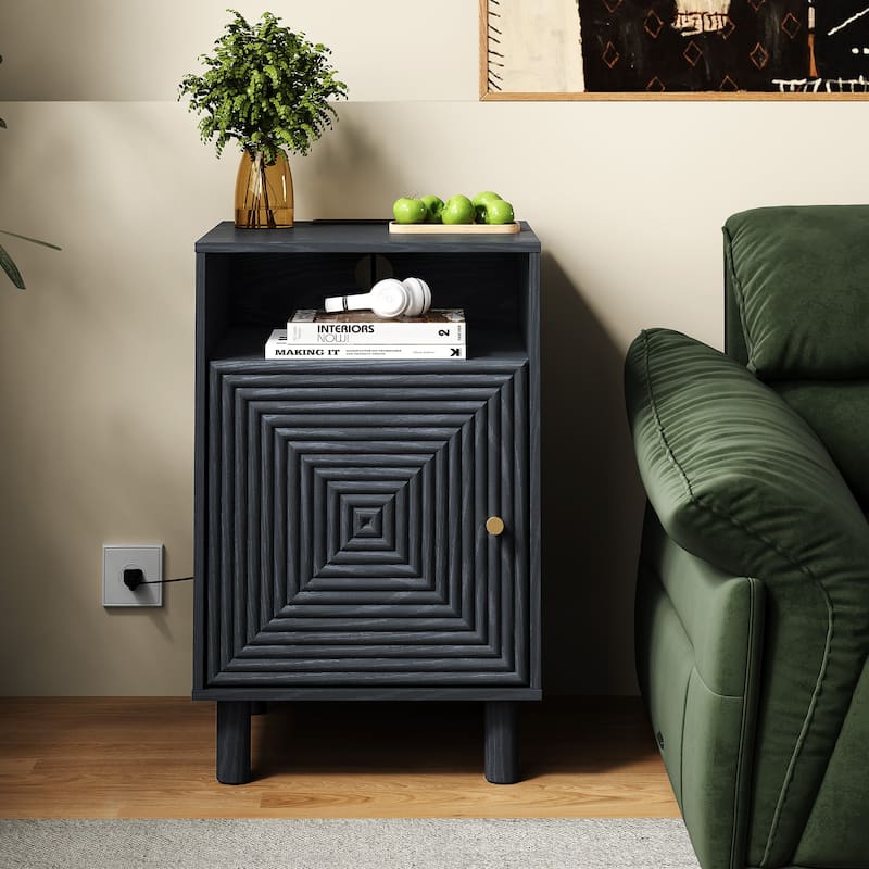 Nightstand with Charging Station and Solid Wood Legs - Black