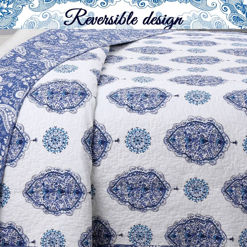 Cozy Line Hittle 3 Piece Cotton Reversible Quilt Bedding Set - Blue/White