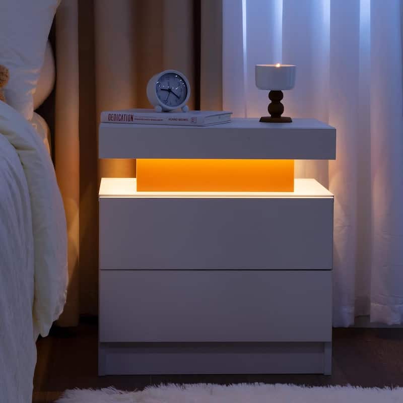 LED Nightstand with 2 Drawers for Bedroom - White Red