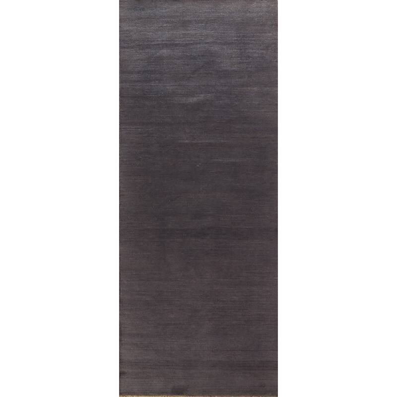 Modern Gray Gabbeh Runner Rug Hand-Knotted Grey Wool Carpet - 2'11" x 9'7"