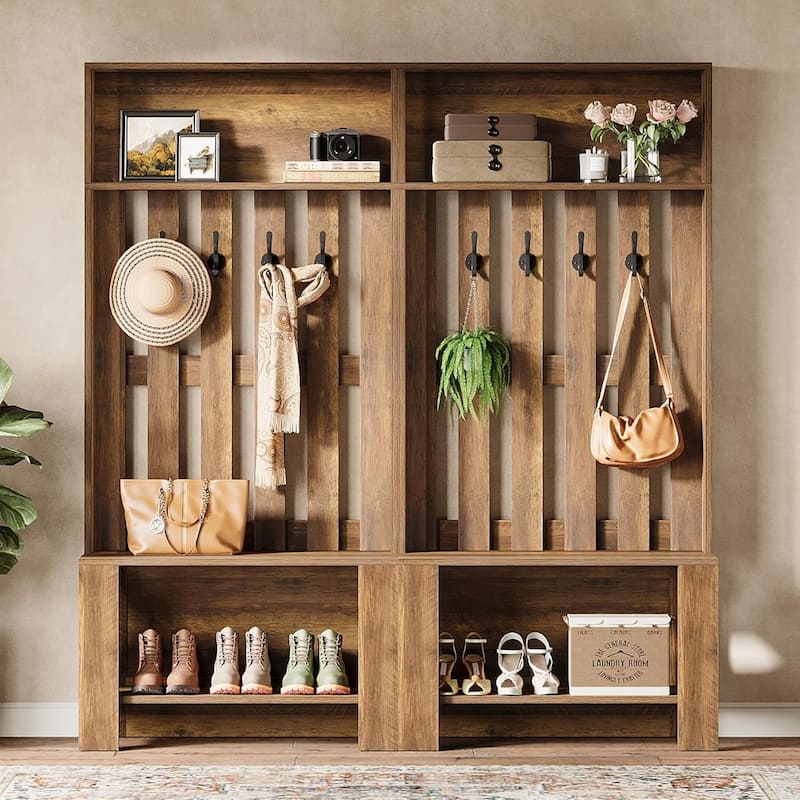 70.8" Tall Hall Tree with Bench and Shoe Storage, Freestanding Coat Rack for Entryway, Hallway