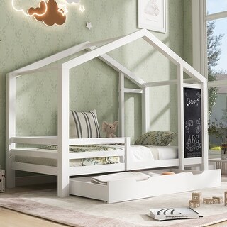 Full Size Creative House Bed Storage Bed with Blackboard and 2 Pull Out Drawers, Two Assembly Options House Storage Bed - White