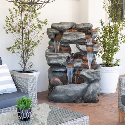 Alpine Corporation WIN1068 Outdoor Floor Rock Water Fountain with LED Lights, 5-Tier Rock Waterfall Fountain 54", Dark Brown