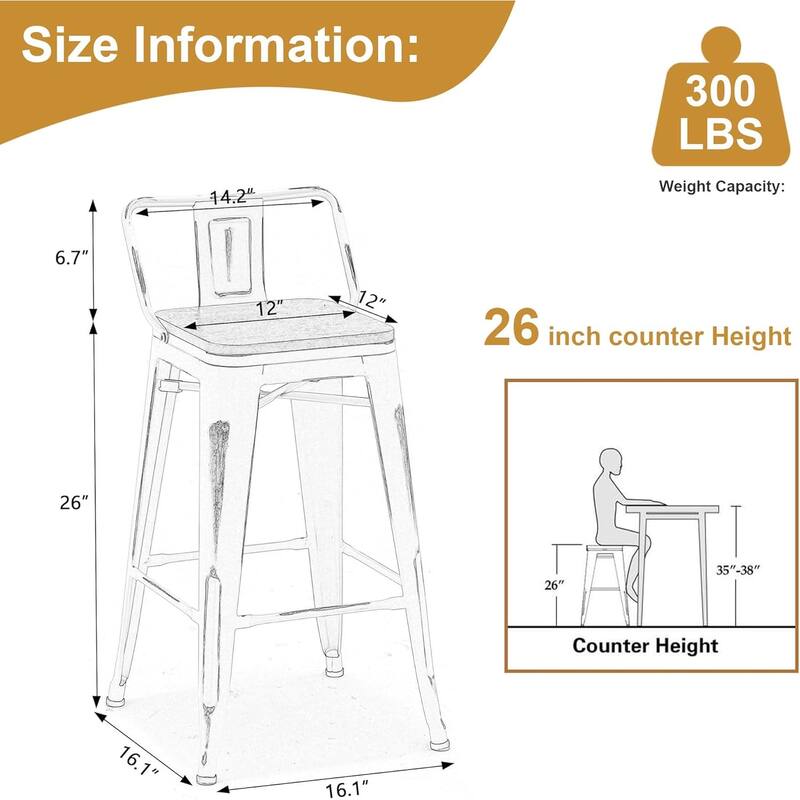Industrial Style Bar & Counter Stools with Metal Frame Kitchen 26" and 30" Seat Height Stools with Low Back and Wooden Seat