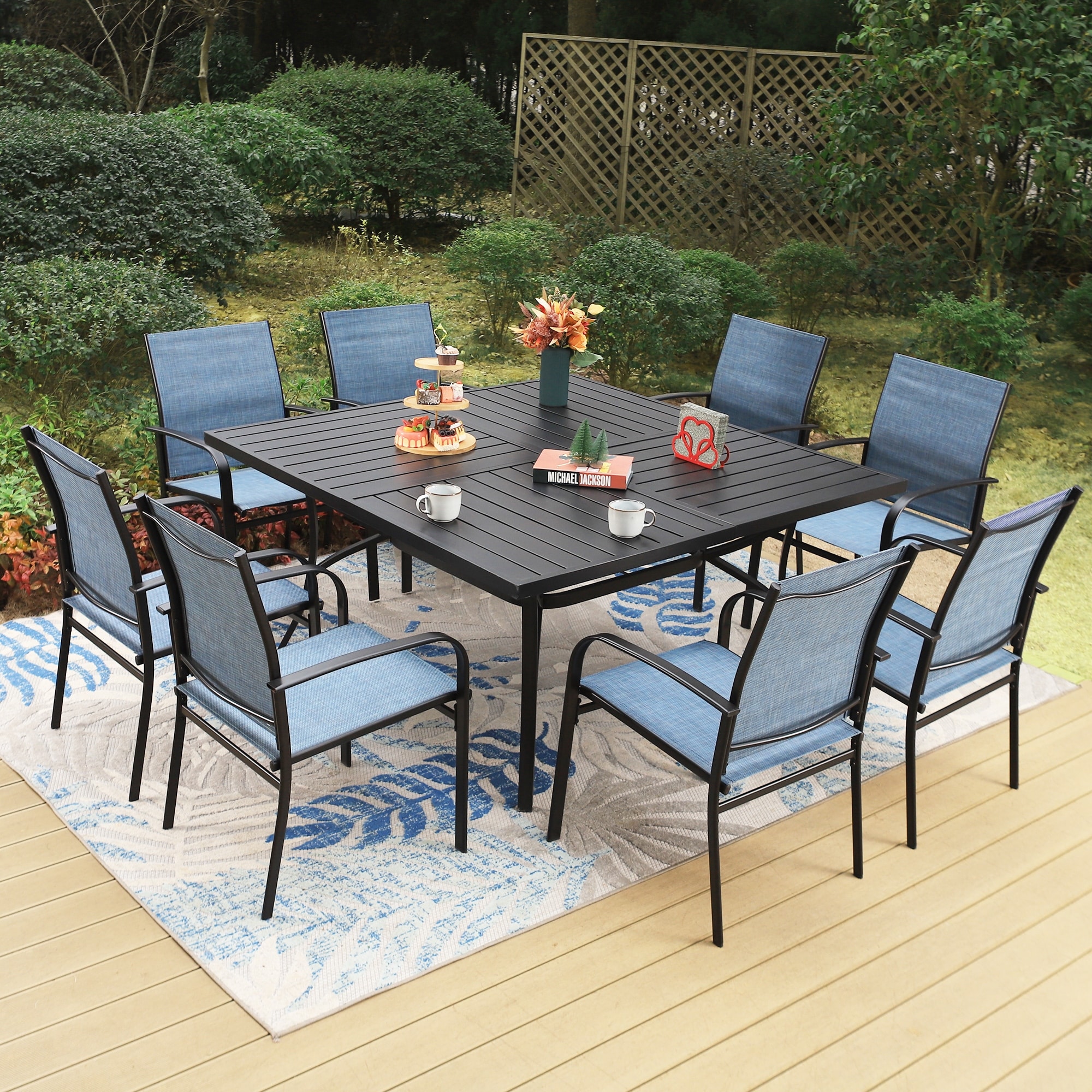 9 Piece Patio Dining Set 60 Inch Square Metal Table and 8