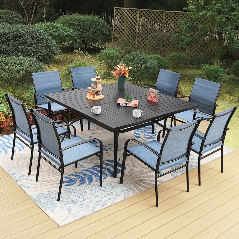 MAISON ARTS 9-Piece Patio Dining Set, 60 Inch Square Metal Table and 8 Textilene Dining Chairs