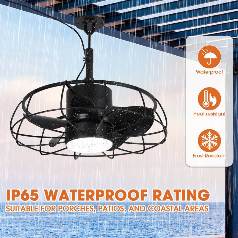 20" Industrial Black Wet Outdoor Caged Ceiling Fan with Light and Remote