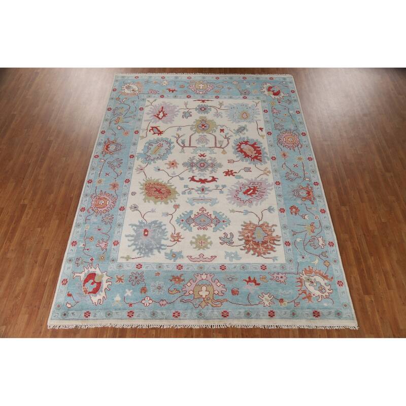 Floral Ivory Oushak Oriental Area Rug Hand-Knotted Wool Carpet - 9'1"x 12'0"