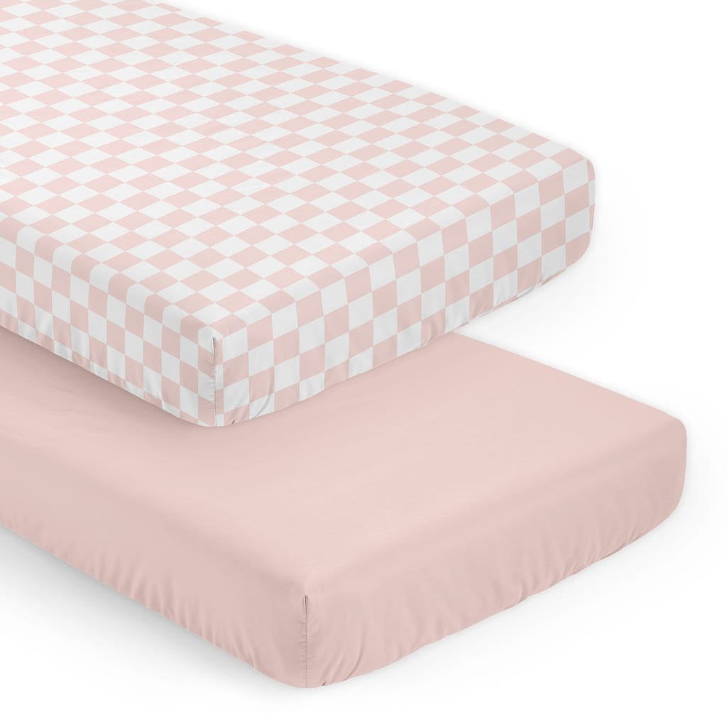 Sweet Jojo Designs Pink Gingham Checkered Plaid Girl 2 Pack Fitted Crib Sheets - Solid Blush & Vintage, Classic, Checkerboard