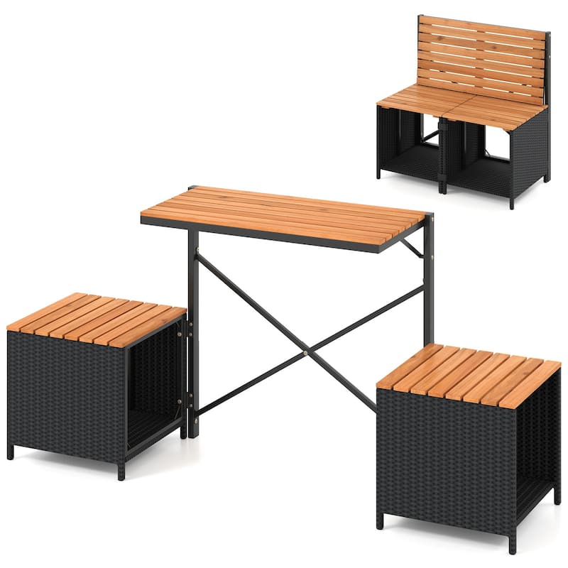 Black Rattan Acacia Wood Convertible Picnic Bench Table Set with Storage - 66" × 18" × 32" - Natural-Black