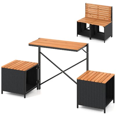 Black Rattan Acacia Wood Convertible Picnic Bench Table Set with Storage - 66" × 18" × 32"