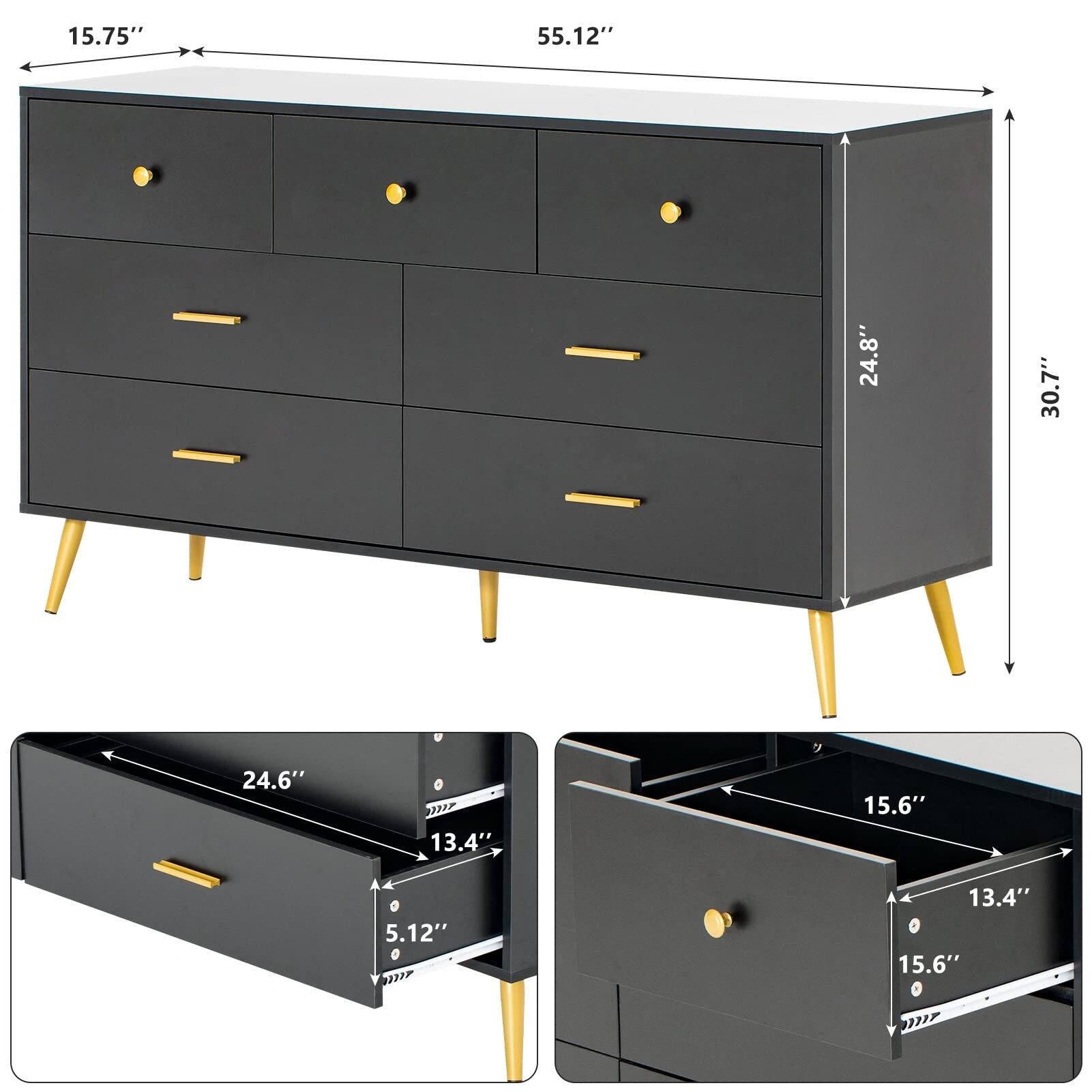 7 Drawer Dresser for Bedroom, Modern Black Wood Dresser with Wide Drawers  and Metal Handles, Long Chest of Drawers - Bed Bath & Beyond - 38196049