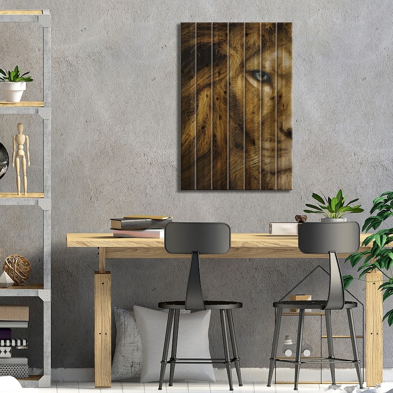 Lion With Blue Eyes Half Face Print On Wood by Adrian Vieriu - Multi-Color
