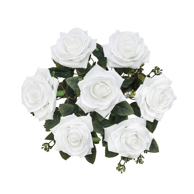 Set of 2 White Artificial Queen Tea Rose Flower Stem Bush Bouquet 17in - 17" L x 9" W x 9" DP