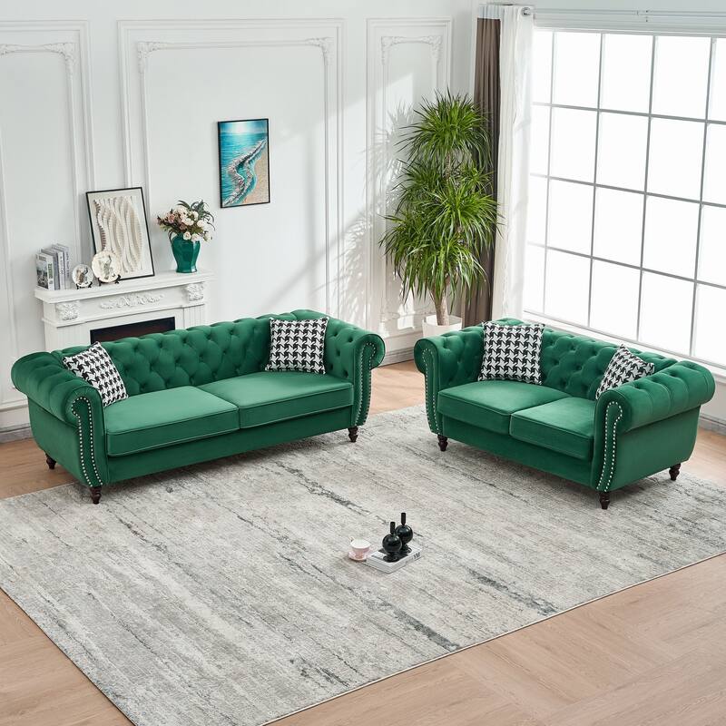 Roomfitters 85" + 65" Classic Chesterfield Upholstered Sofa and Loveseat Set, Scrolled Arm Couch with Button Back Design