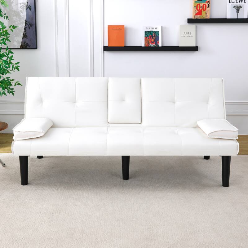 Convertible Loveseat Couch Adjustable Faux Leather Sleeper Sofa Bed with Coffee Table, Cup Holders and Removable Pillow Armrests