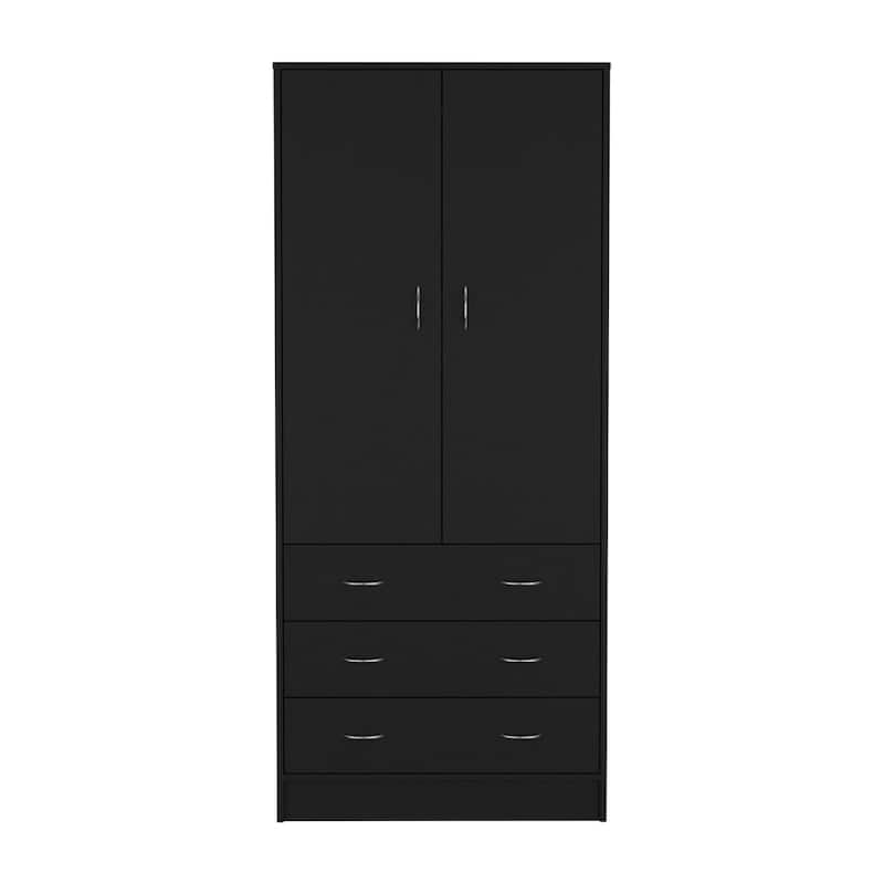19" Modern Double-door Armoire with Integrated Hanging Rod and Storage Drawers - Black