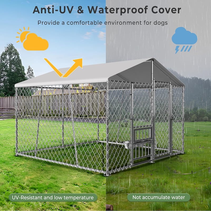 Outdoor Dog Kennel with Roof and Bowls, Large Dog House Pen Enclosure with Sidebar